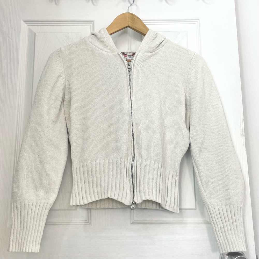 Pink Republic Cream Zip-Up Hooded Cardigan Sweater